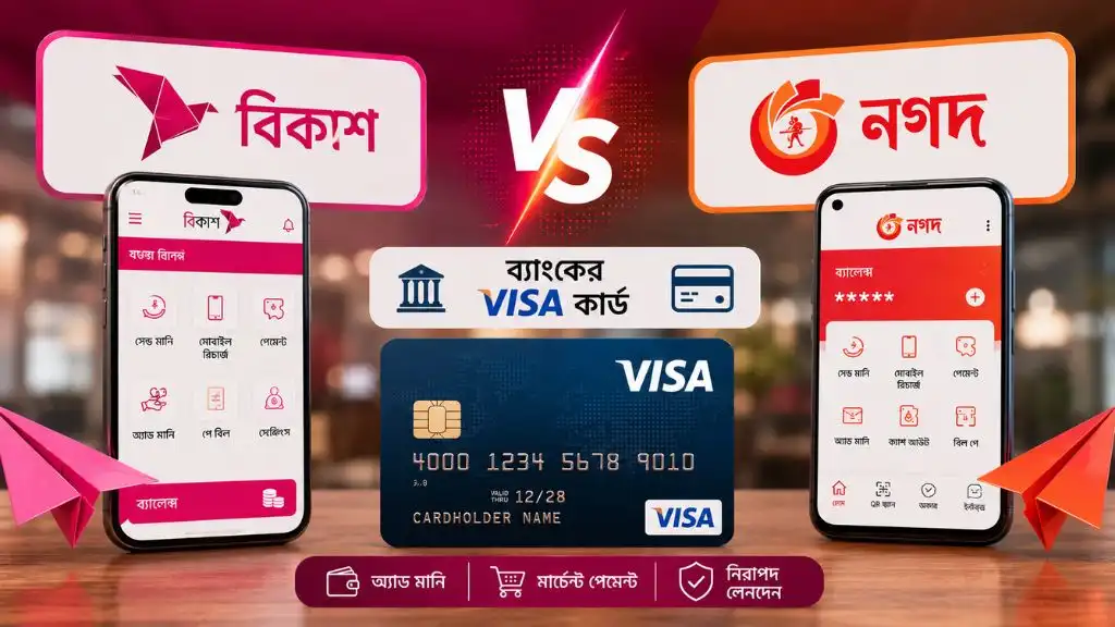 বিকাশ নাকি নগদ—Visa কার্ড ব্যবহারে কোনটি বেশি সুবিধাজনক? জানুন চার্জ ও সুবিধার তুলনা ২০২৬