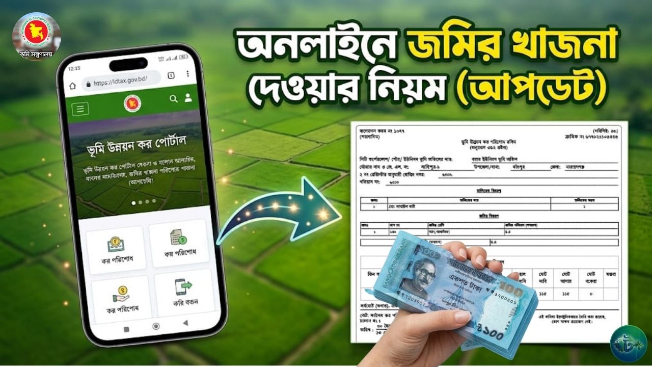 অনলাইনে জমির খাজনা দেওয়ার নিয়ম (আপডেট) – ধাপে ধাপে সহজ গাইড 🔗 অফিসিয়াল ওয়েবসাইট: https://land.gov.bd সেবা প্রদানকারী: ভূমি মন্ত্রণালয় 🔹 ধাপ–১: ওয়েবসাইটে প্রবেশ ও অ্যাকাউন্ট তৈরি প্রথমে গুগলে গিয়ে land.gov.bd লিখে সার্চ করুন এবং অফিসিয়াল সাইটে প্রবেশ করুন। নতুন হলে “Login/Register” থেকে রেজিস্ট্রেশন করে অ্যাকাউন্ট তৈরি করুন। 🔹 ধাপ–২: লগইন করুন আপনার আইডি, পাসওয়ার্ড এবং ক্যাপচা পূরণ করে প্রোফাইলে লগইন করুন। 🔹 ধাপ–৩: প্রোফাইল সম্পূর্ণ করুন “Profile Edit” অপশনে গিয়ে আপনার ব্যক্তিগত তথ্য (নাম, ঠিকানা, NID ইত্যাদি) সঠিকভাবে পূরণ করে প্রোফাইল ১০০% সম্পন্ন করুন। 🔹 ধাপ–৪: খতিয়ান যুক্ত করুন ড্যাশবোর্ড থেকে “ভূমি উন্নয়ন কর” নির্বাচন করে “খতিয়ান” অপশনে যান। এরপর নতুন খতিয়ান যুক্ত করতে প্রয়োজনীয় তথ্য (জেলা, উপজেলা, মৌজা, খতিয়ান নম্বর) দিয়ে সাবমিট করুন। 🔹 ধাপ–৫: অনুমোদনের জন্য অপেক্ষা খতিয়ান যুক্ত করার পর ২–৩ কার্যদিবস অপেক্ষা করুন। ভূমি অফিস যাচাই শেষে স্ট্যাটাসে “অনুমোদিত” দেখাবে। 🔹 ধাপ–৬: হোল্ডিং তালিকা দেখুন অনুমোদনের পর “হোল্ডিং তালিকা” অপশনে গেলে আপনার জমির হোল্ডিং নম্বর যুক্ত হয়ে যাবে। সেখানে “Details / আই বাটন” এ ক্লিক করুন। 🔹 ধাপ–৭: খাজনা পরিশোধ করুন এখানে মালিকের নাম ও বকেয়া খাজনা দেখতে পাবেন। “Payment” অপশনে গিয়ে বিকাশ / নগদ / রকেট / ব্যাংক কার্ড দিয়ে পেমেন্ট সম্পন্ন করুন। 🔹 ধাপ–৮: দাখিলা (রসিদ) সংগ্রহ করুন পেমেন্ট সম্পন্ন হলে সাথে সাথে অনলাইন রসিদ (দাখিলা) পাবেন। এটি “দাখিলা” অপশন থেকে ডাউনলোড বা প্রিন্ট করতে পারবেন।