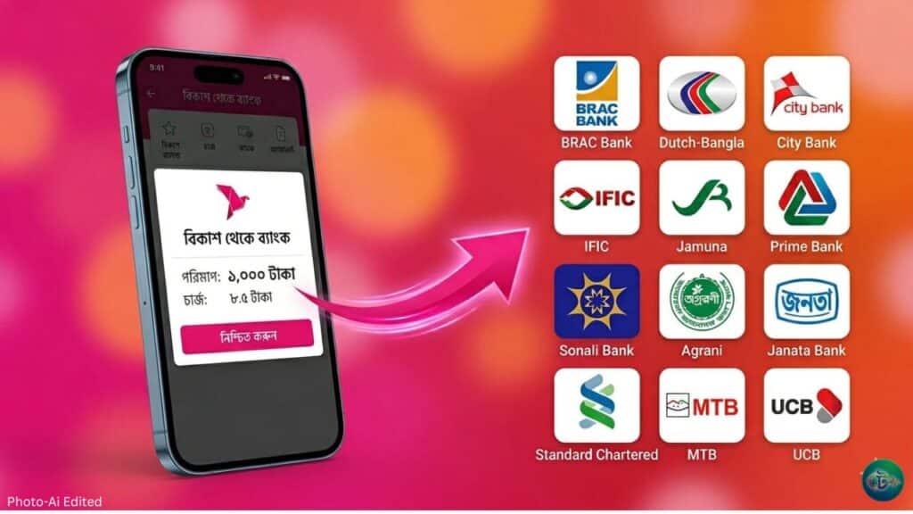 বিকাশ থেকে ব্যাংকে টাকা পাঠিয়ে মাত্র ৮.৫ টাকা খরচে, উত্তোলন ২৩ ব্যাংকের তালিকা প্রকাশ