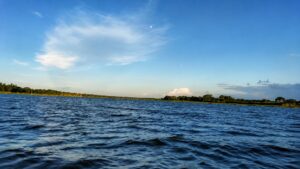 নীল আকাশের নিচে শান্ত জলাশয় ও সবুজ গাছপালার মনোরম প্রাকৃতিক দৃশ্য।
